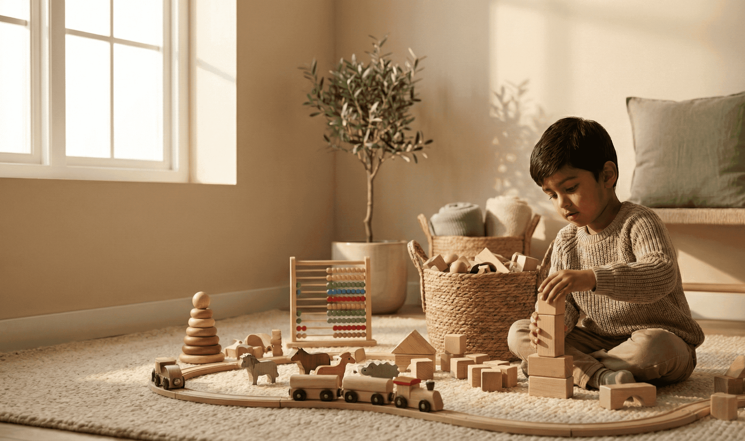 Therapist playing with a child in a warm, nurturing home environment