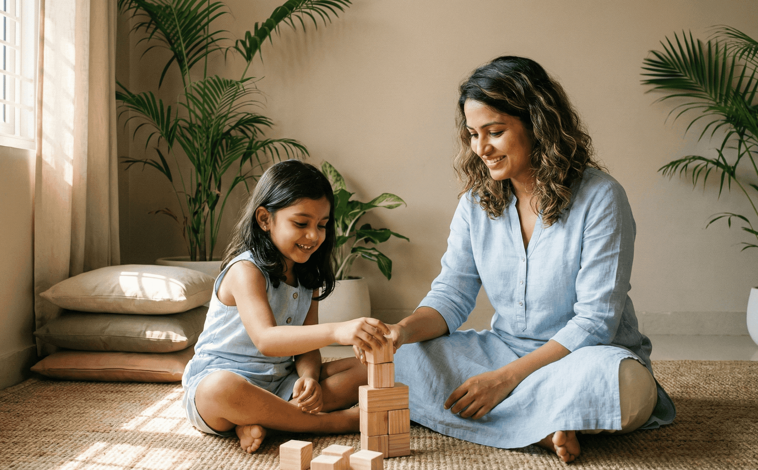 Therapist engaging with a young child in a warm environment